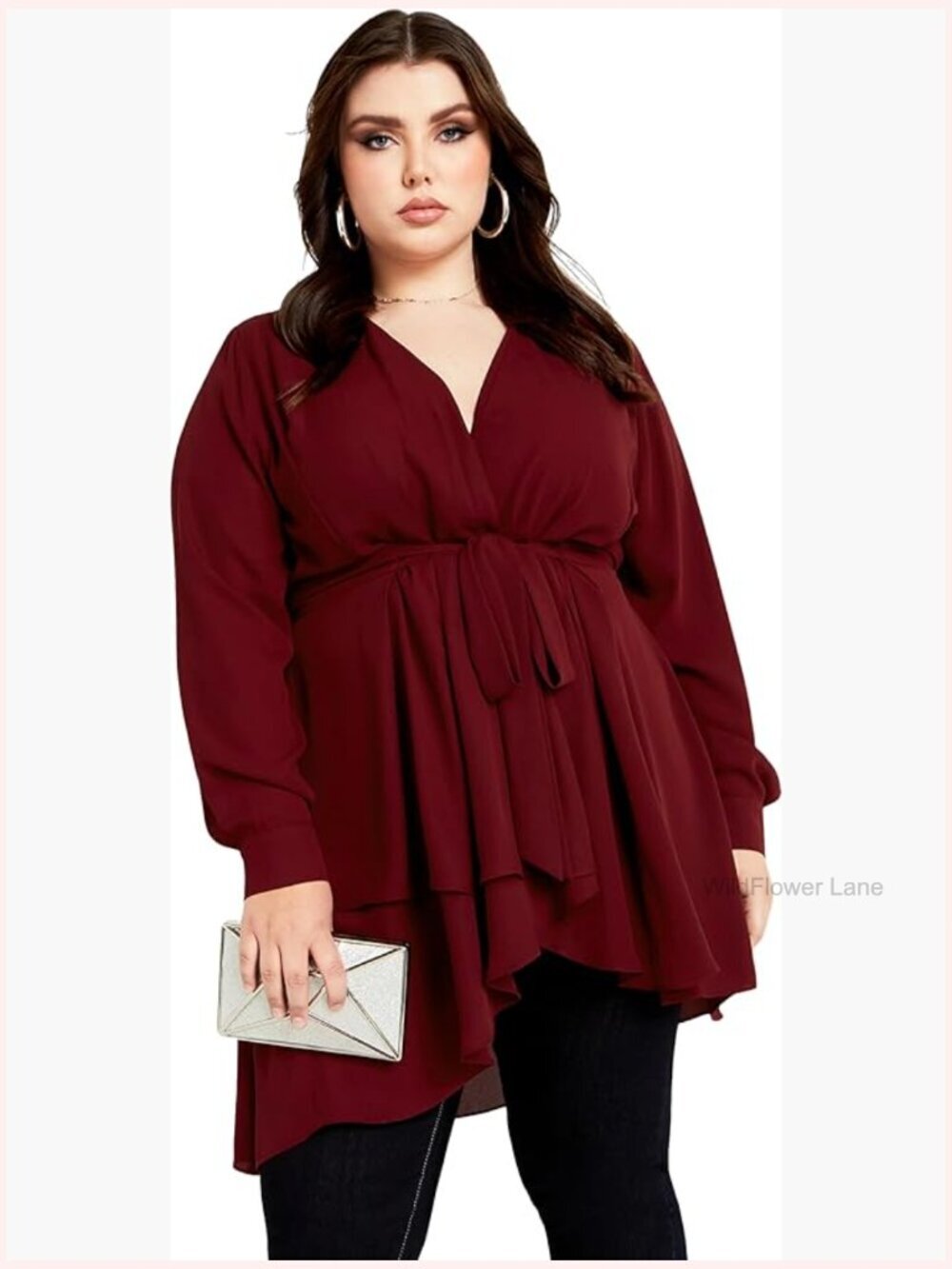 Plus Size Blouse Deep V-Neck Long Sleeve Button Cuff Hi-Lo Hem Flowy
